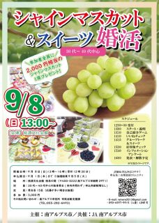 【終了】9月8日(日)13時～【南アルプス市主催】MAX15対15！【30代～40代中心】シャインマスカット＆スイーツ婚活（シャインマスカットプレゼント！）
