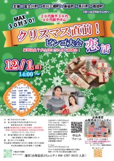 【終了】12月1日(日)14時~MAX30対30!【富士川町・市川三郷町・身延町・早川町・南部町主催】20代後半30代40代前半!クリスマス直前!豪華景品が当たるビンゴ大会恋活