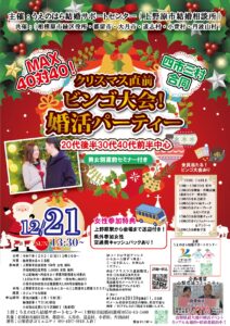 山梨県会場【四市三村合同】MAX４０対４０！２０代後半３０代４０代後半中心！クリスマス直前！ビンゴ大会婚活パーティー｜2025年12月21日13時30分～開催