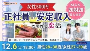 MAX20人対20人最大40人！【男性28～38歳,女性27～39歳】20代後半30代中心！正社員or安定収入男子to恋活(お酒有)｜2025年12月6日（土）18時～開催