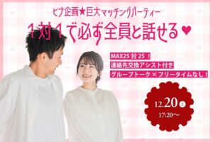 MAX25対25！【男性27～37歳、女性26～39歳】ヒナ企画★巨大マッチングパーティー｜12月20日(土)17時30分～